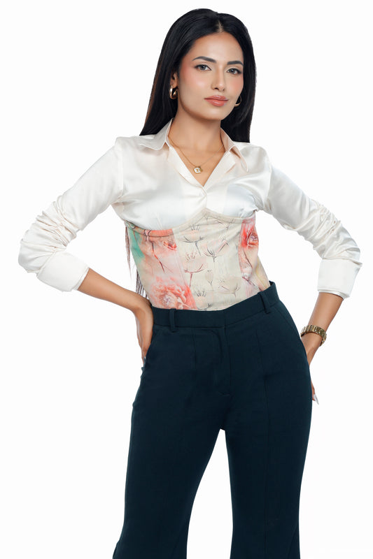 Green & off-white 3-piece shirt & trouser set