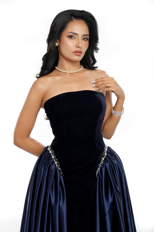Navy velvet & pearl embroidered dress
